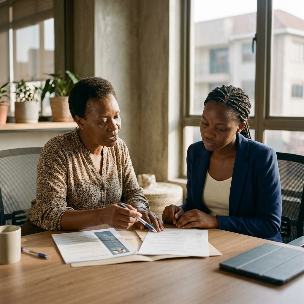 Recruitment consultant explaining documents to a candidate in a naturally lit quiet office