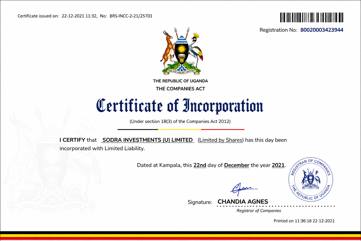 Sodra Investments Certificate of Incorporation