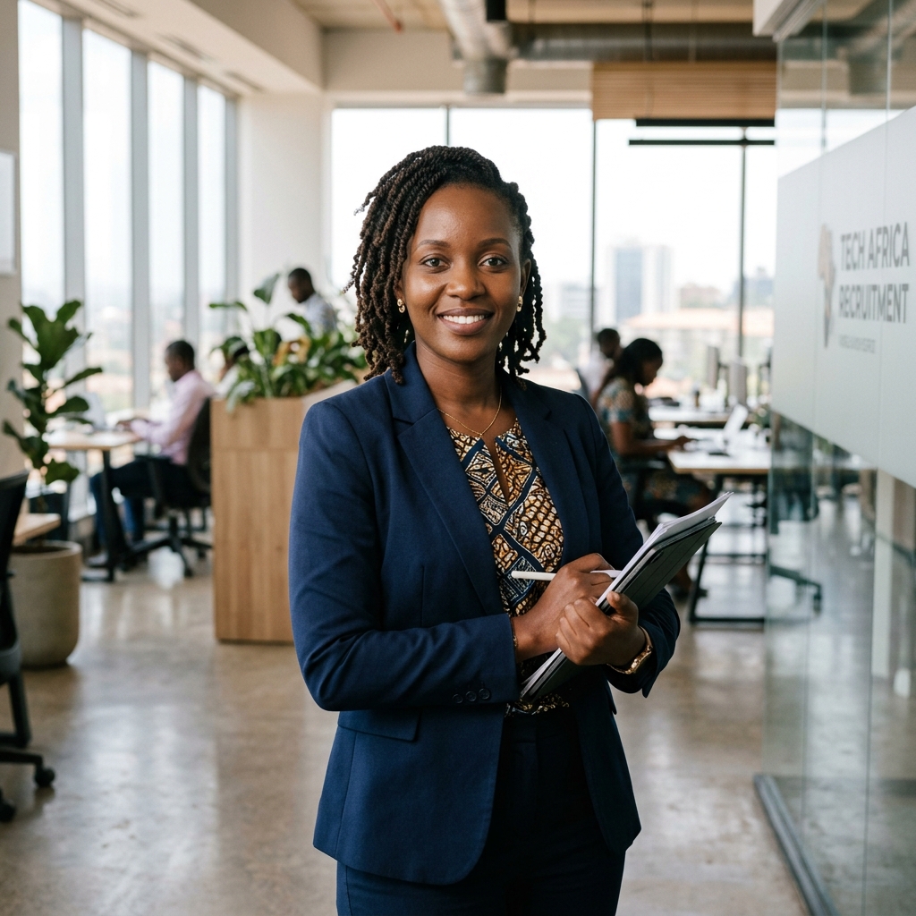 Confident Ugandan recruitment specialist in a modern workspace
