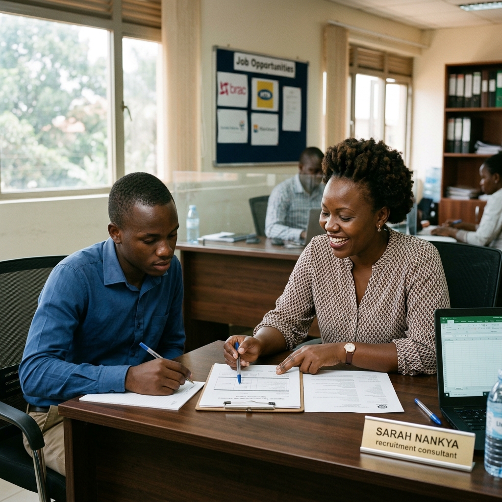 Ugandan recruitment consultant sitting beside a candidate reviewing official documents in a naturally lit quiet office
