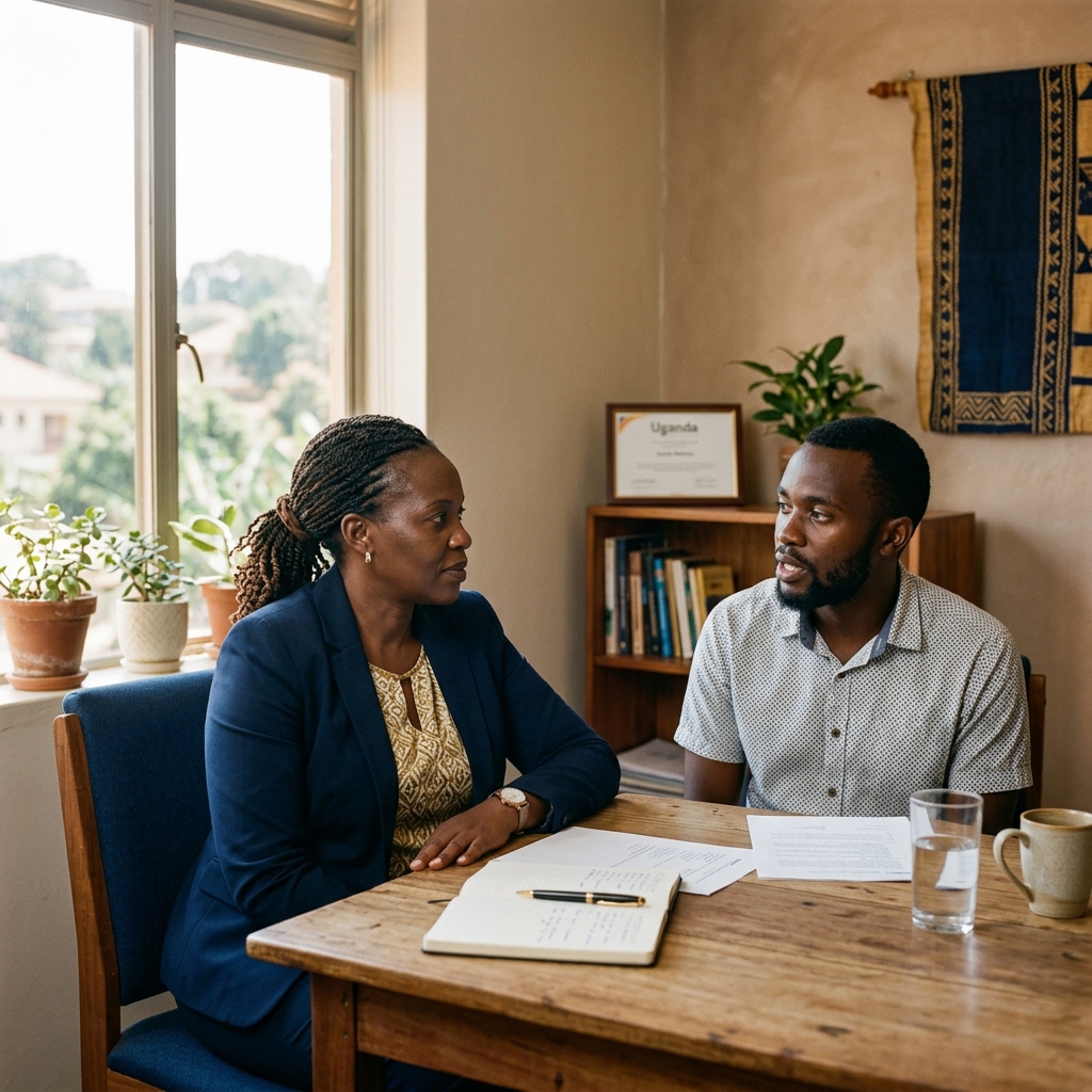 Consultant and candidate talking in a warm natural lit office environment