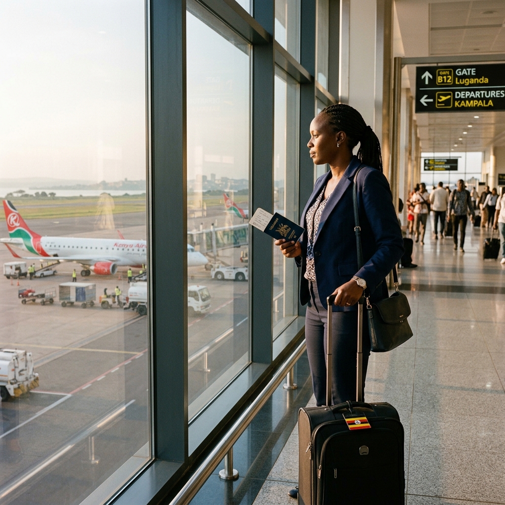 Professional with luggage standing at airport departure terminal looking out