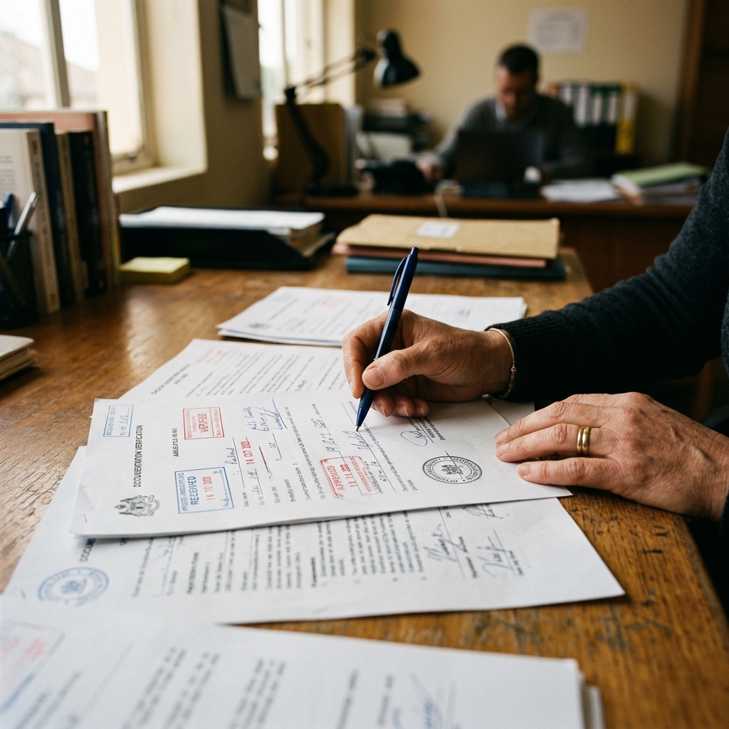 Documentation files displaying official checkmarks and stamps representing thorough vetting