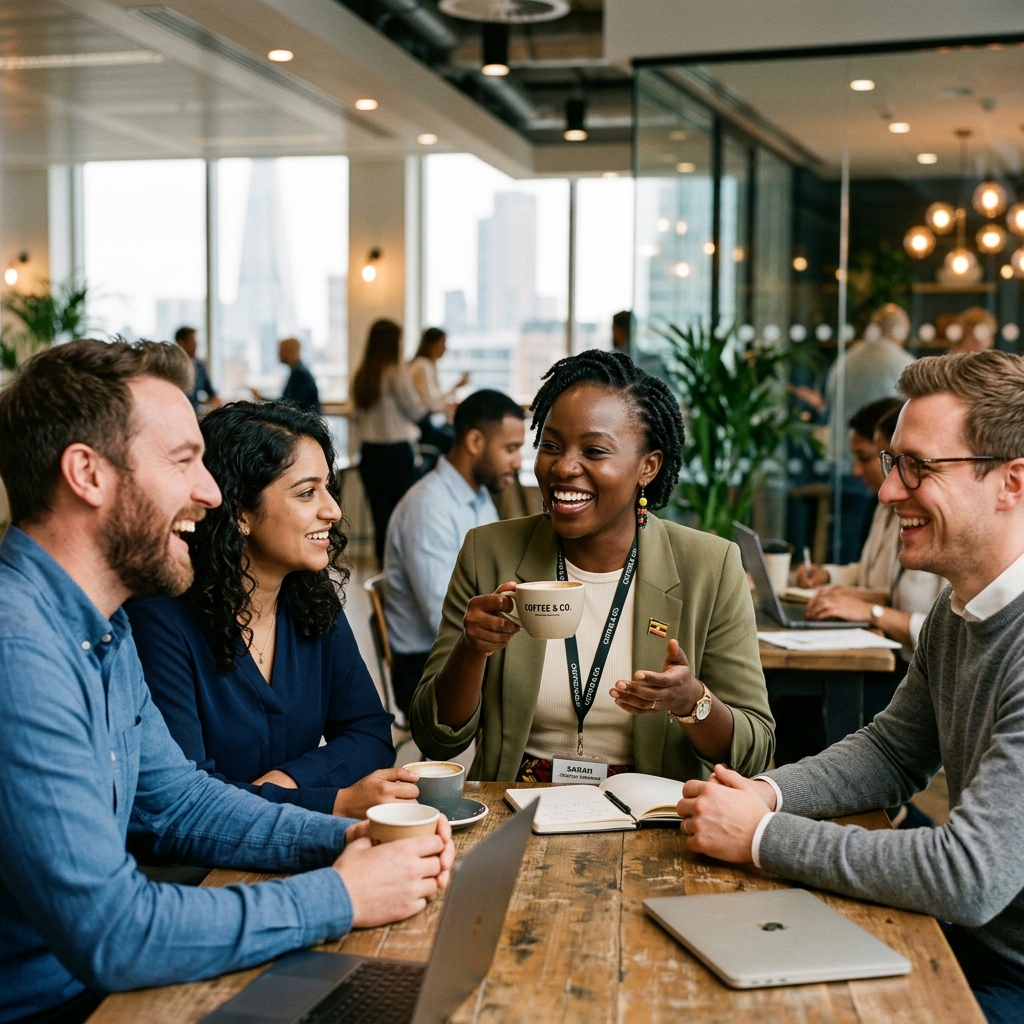 Candidate settled at a workplace abroad, chatting with coworkers over coffee